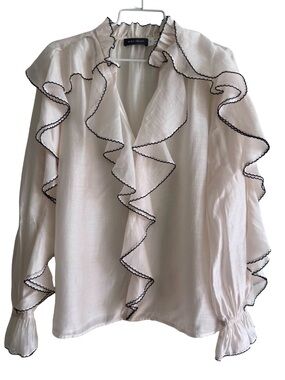 Mint Velvet Contrast Ivory/Black Ruffle Blouse Size Medium